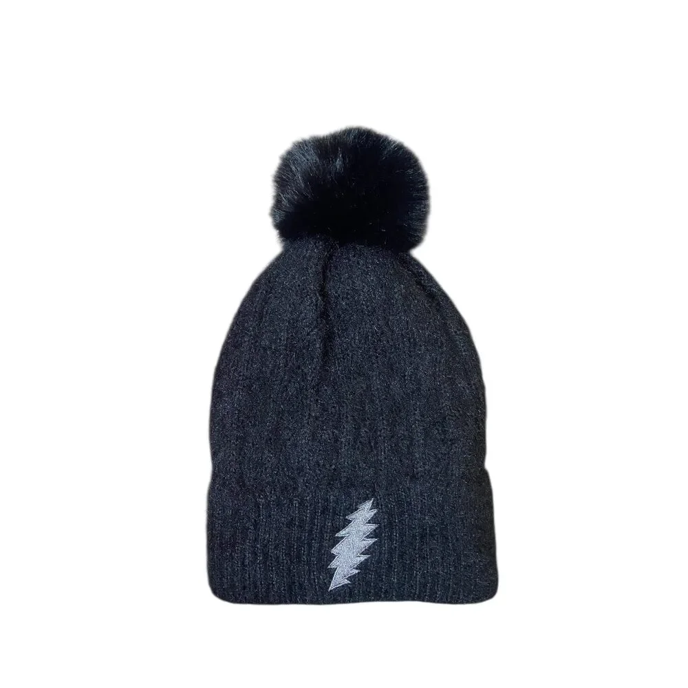 Velvet Bolt Cable Knit Beanie- Black